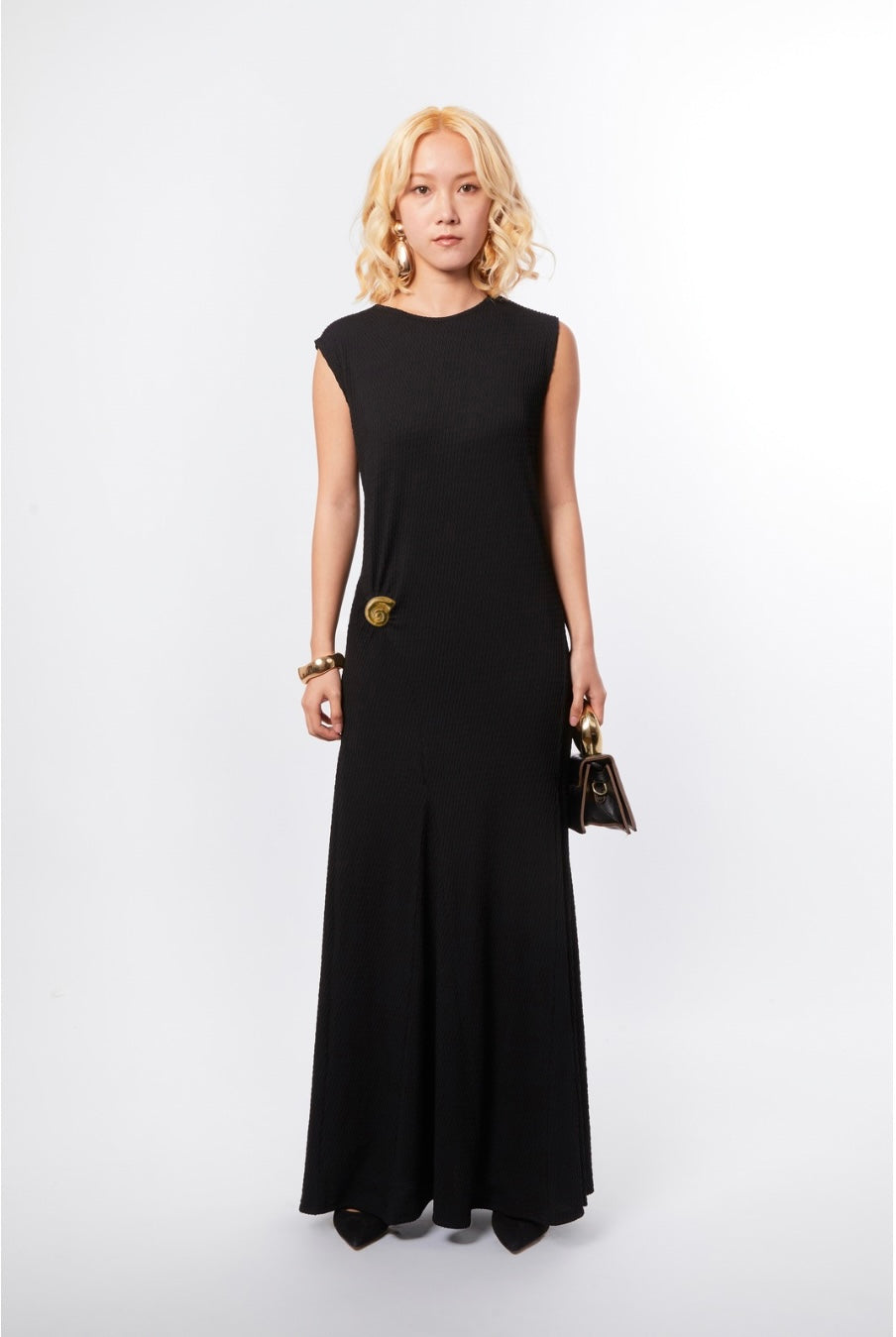 Black Textured Dress with snail brooch
